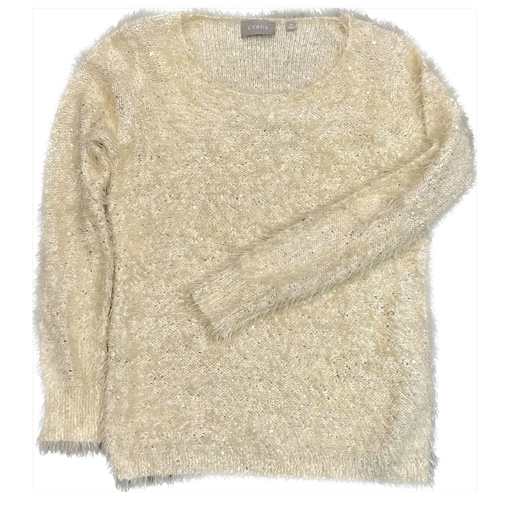 Cyrus Eyelash Sequins Metallic Long Sleeved Knit Sweater Ivory Cream Size Medium